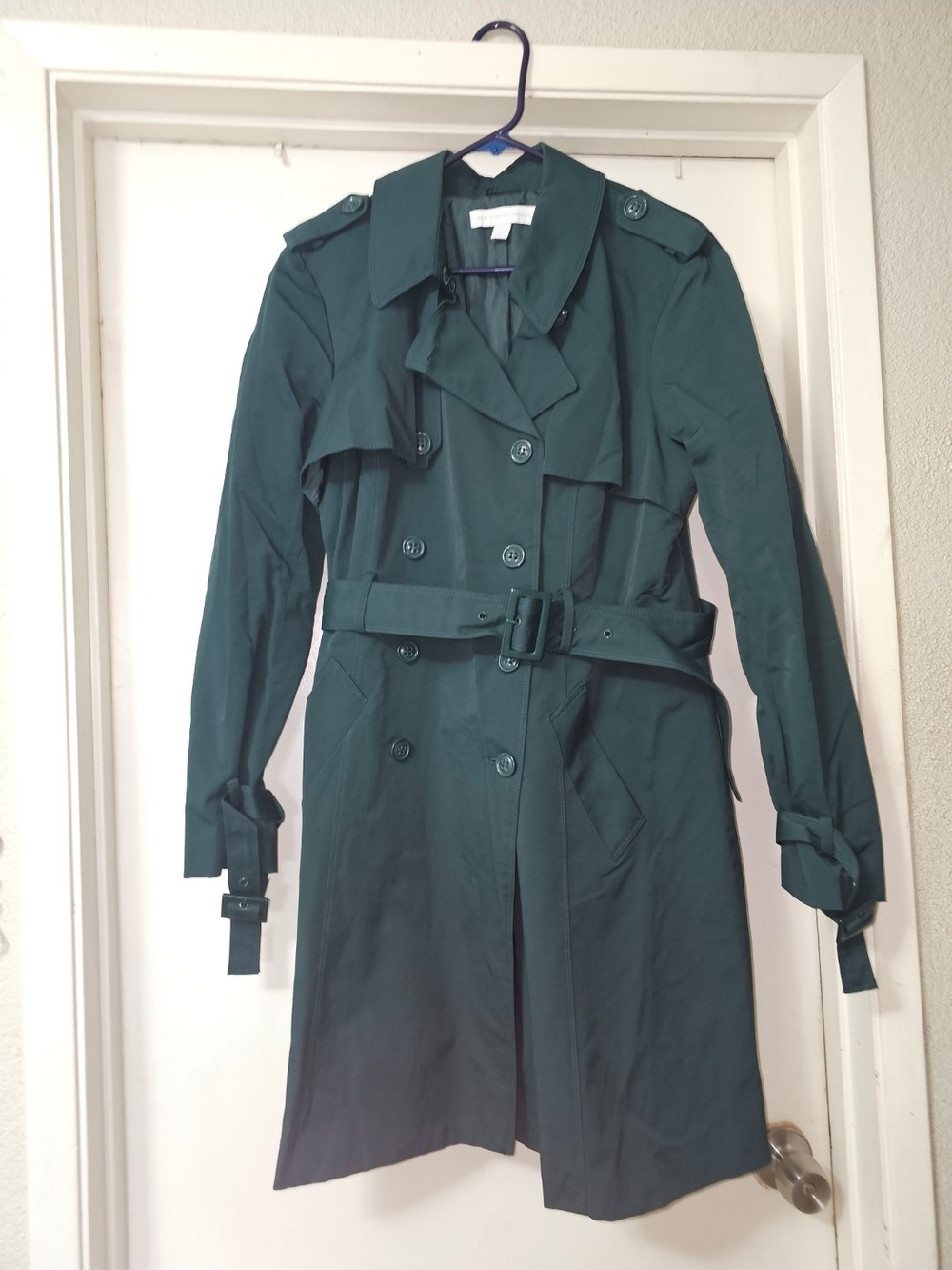New York & Company Emerald Green Double-Breasted Trench Coat